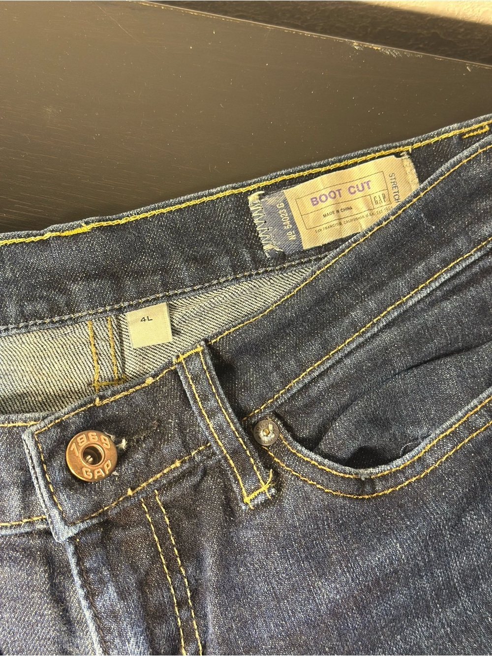 Women’s 1969 GAP Dark Blue Boot Cut Jeans with Yellow Stitching
